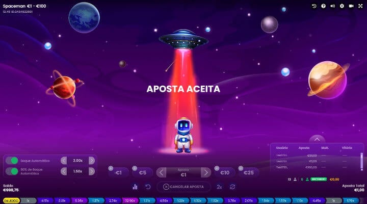 tela do jogo Spaceman mostrando que a aposta do jogador foi aceita